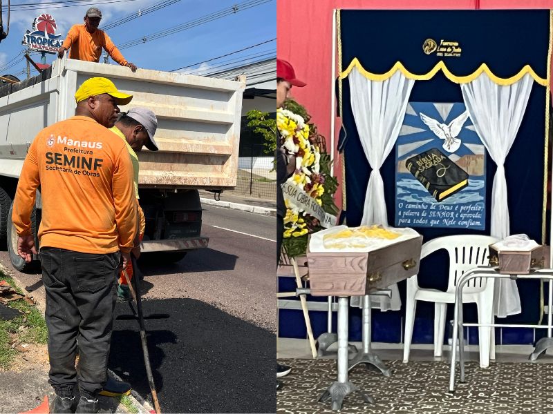 Prefeitura tapa buraco na Djalma Batista enquanto mulher e bebê são velados em Manaus