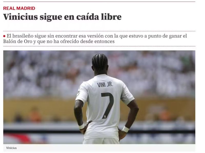 'Queda livre', jornal detona atuação de Vini Jr. em empate do Real