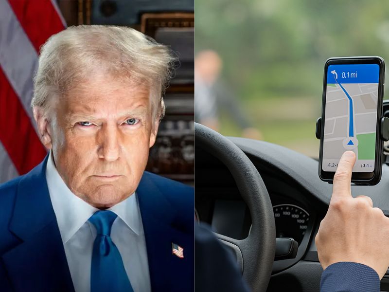 Imagem mostra Trump ao lado de uma pessoa tentando usar GPS no Brasil