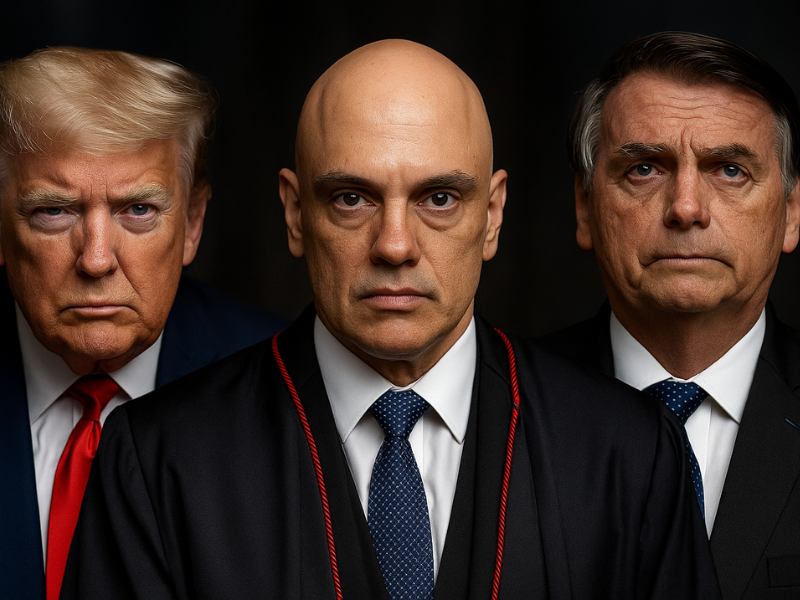 Imagem mostra Donald Trump, Alexandre de Moraes e Jair Bolsonaro, ambos envolvidos nos entornos da taxa de 50%
