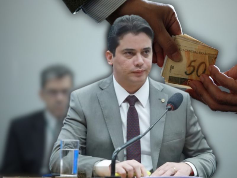 Montagem mostra o deputado Júnior Mano sobrepondo um elemento gráfico que faz alusão ao teor das investigações, após medida do STF