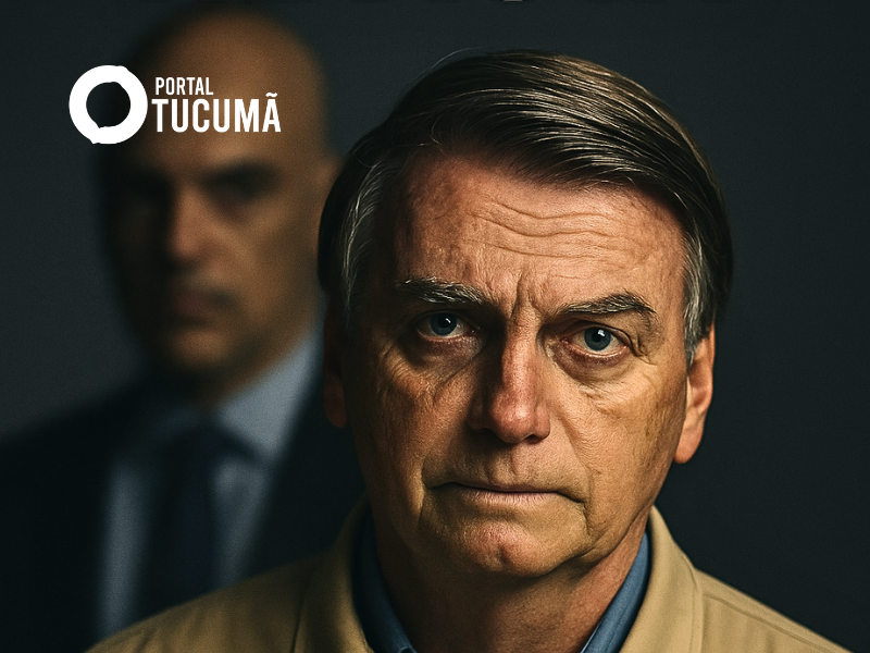 Imagem mostra Bolsonaro e Moraes de fundo
